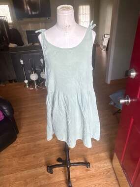 Romwe Sage Green Shoulder Tie Babydoll Mini Dress